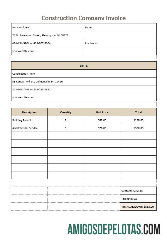 imprimível Modelo de fatura de empresa de construção